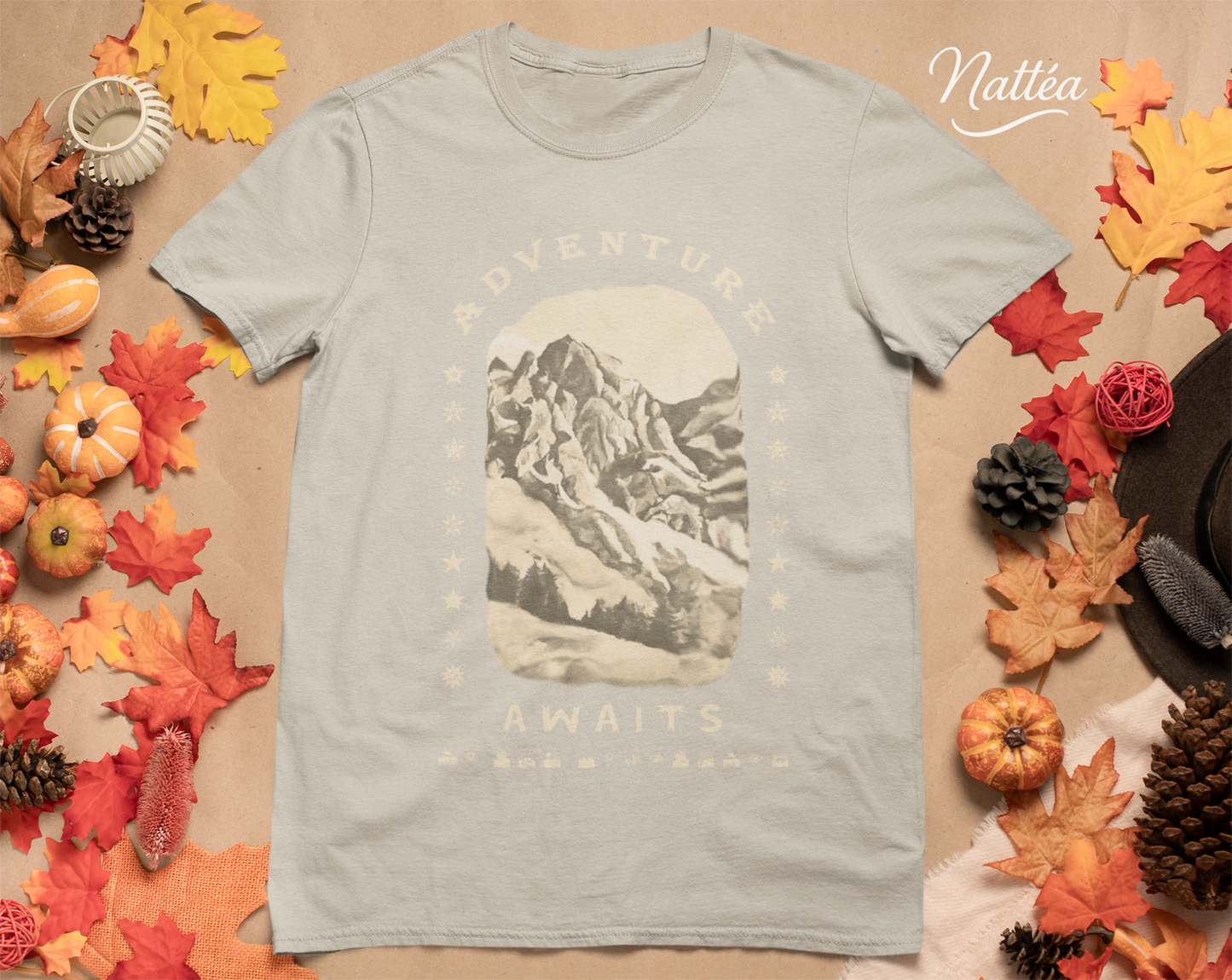 Adventure Awaits T-Shirt – Vintage Mountain Scene from Oil Painting