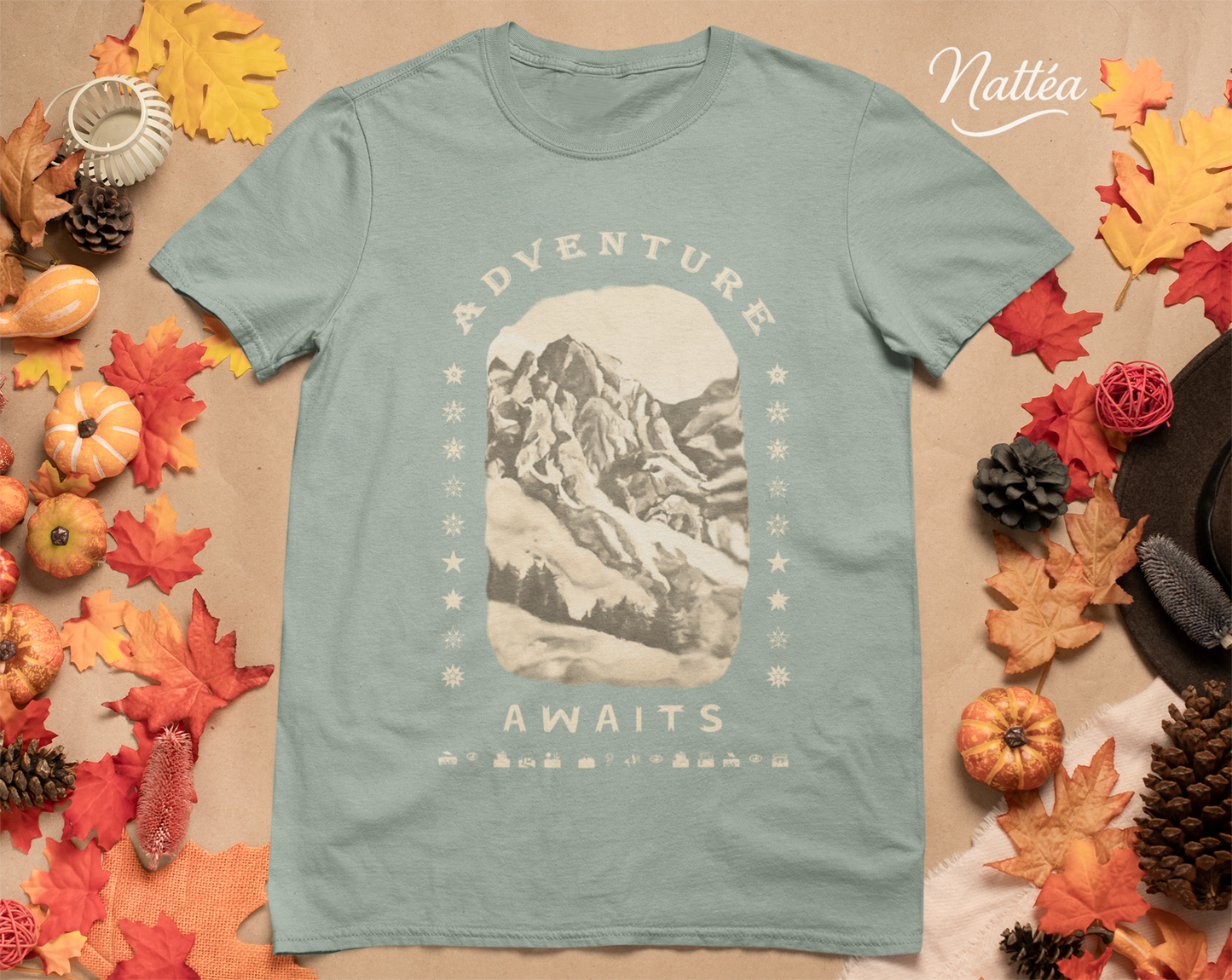 Adventure Awaits T-Shirt – Vintage Mountain Scene from Oil Painting