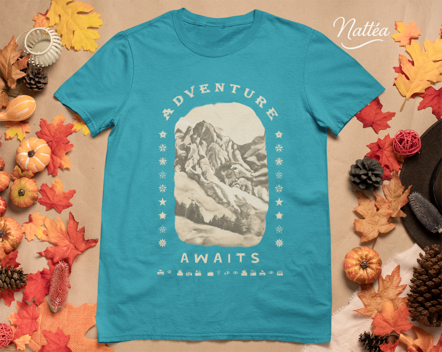 Adventure Awaits T-Shirt – Vintage Mountain Scene from Oil Painting