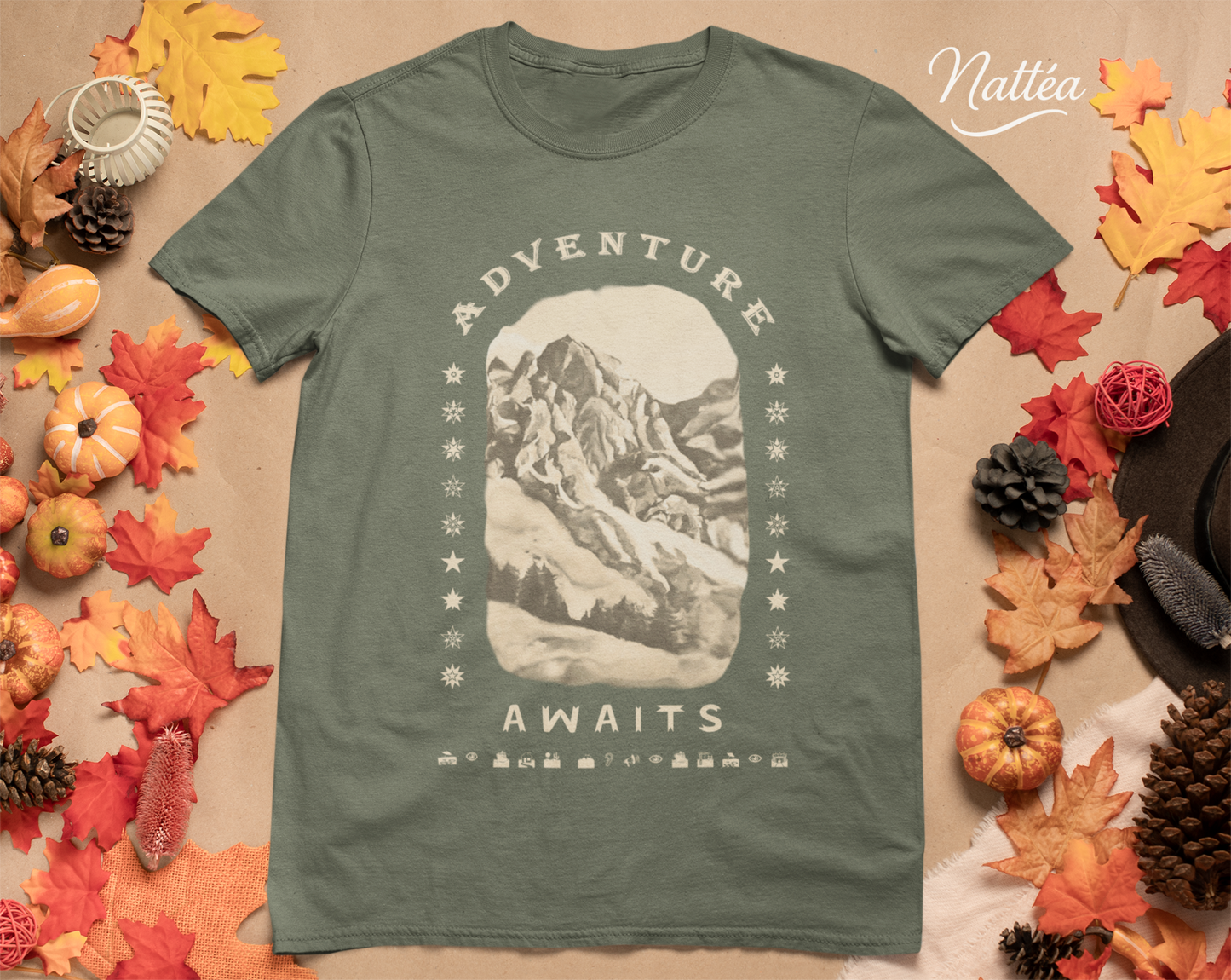 Adventure Awaits T-Shirt – Vintage Mountain Scene from Oil Painting