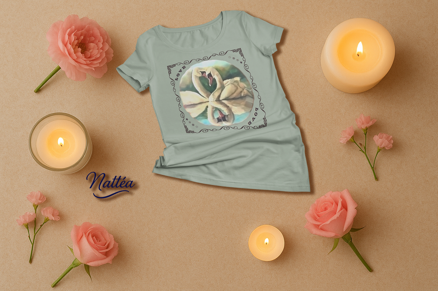 Swan Couple LOVE T-Shirt – Romantic Vintage Art from Original Painting