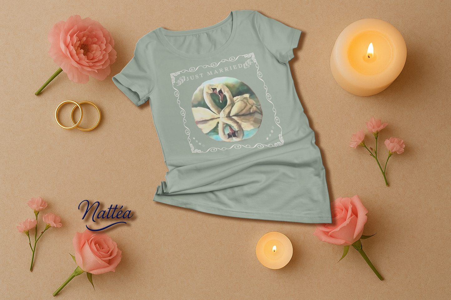 Just Married Lovebirds T-Shirt – Swan Couple in Vintage Nature Art