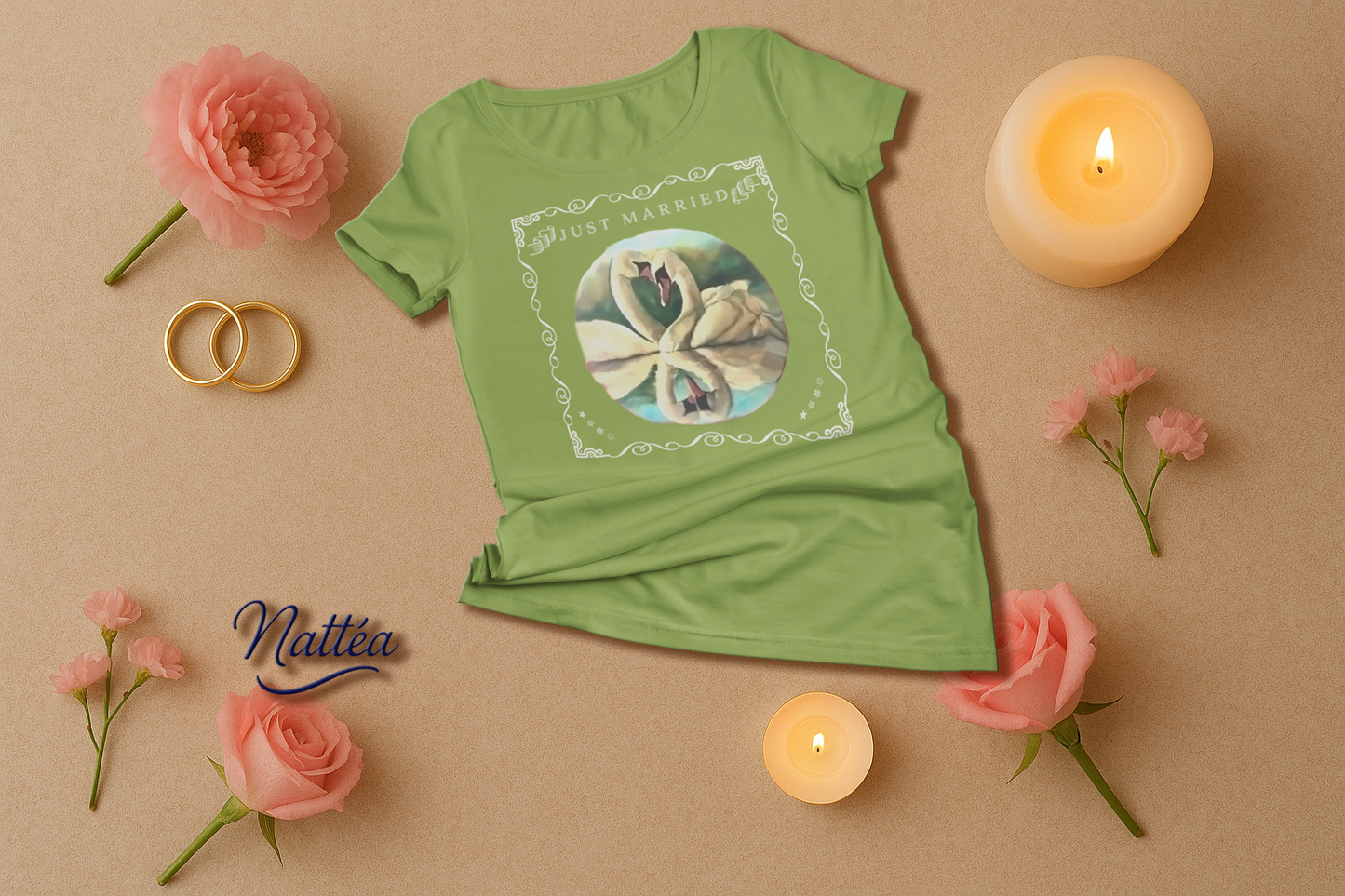 Just Married Lovebirds T-Shirt – Swan Couple in Vintage Nature Art