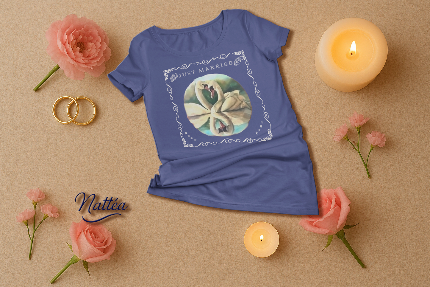 Just Married Lovebirds T-Shirt – Swan Couple in Vintage Nature Art
