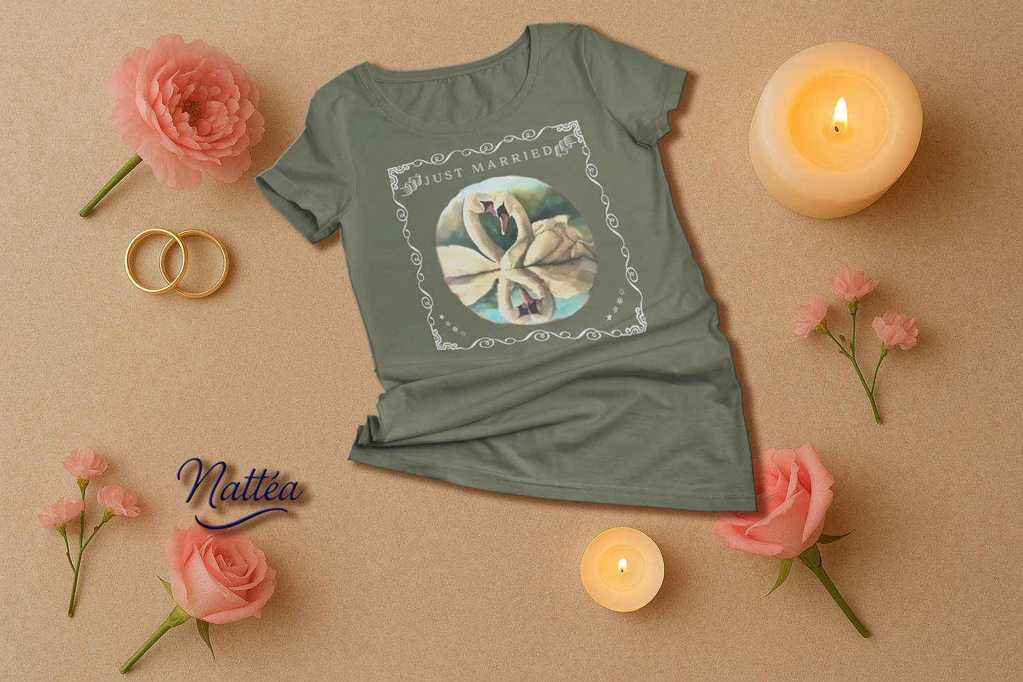 Just Married Lovebirds T-Shirt – Swan Couple in Vintage Nature Art
