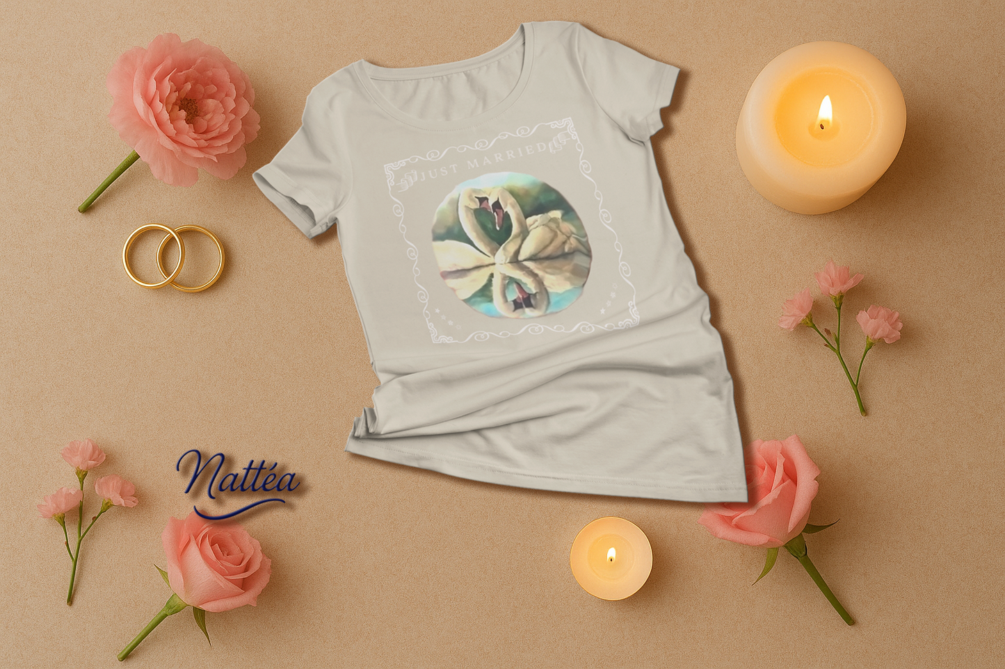 Just Married Lovebirds T-Shirt – Swan Couple in Vintage Nature Art