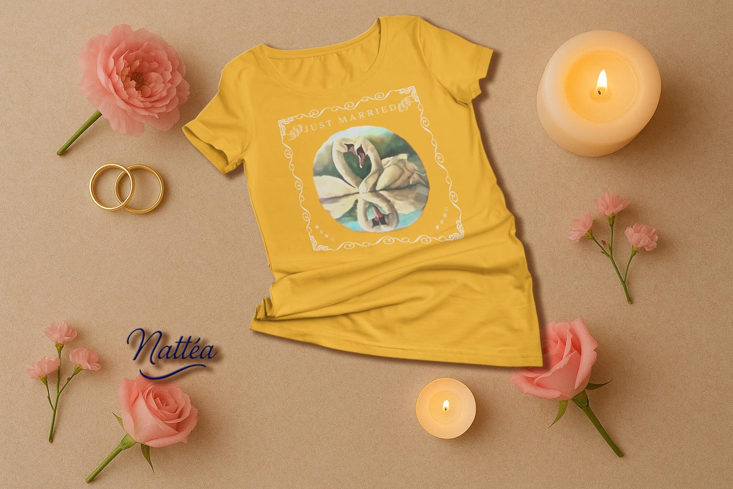 Just Married Lovebirds T-Shirt – Swan Couple in Vintage Nature Art