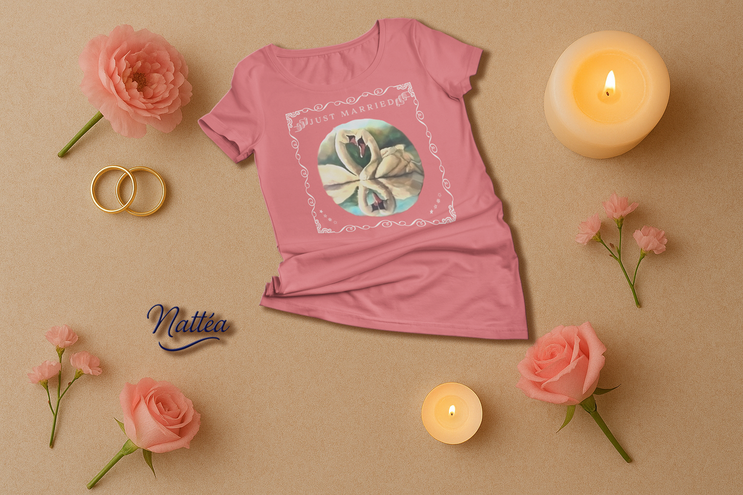 Just Married Lovebirds T-Shirt – Swan Couple in Vintage Nature Art