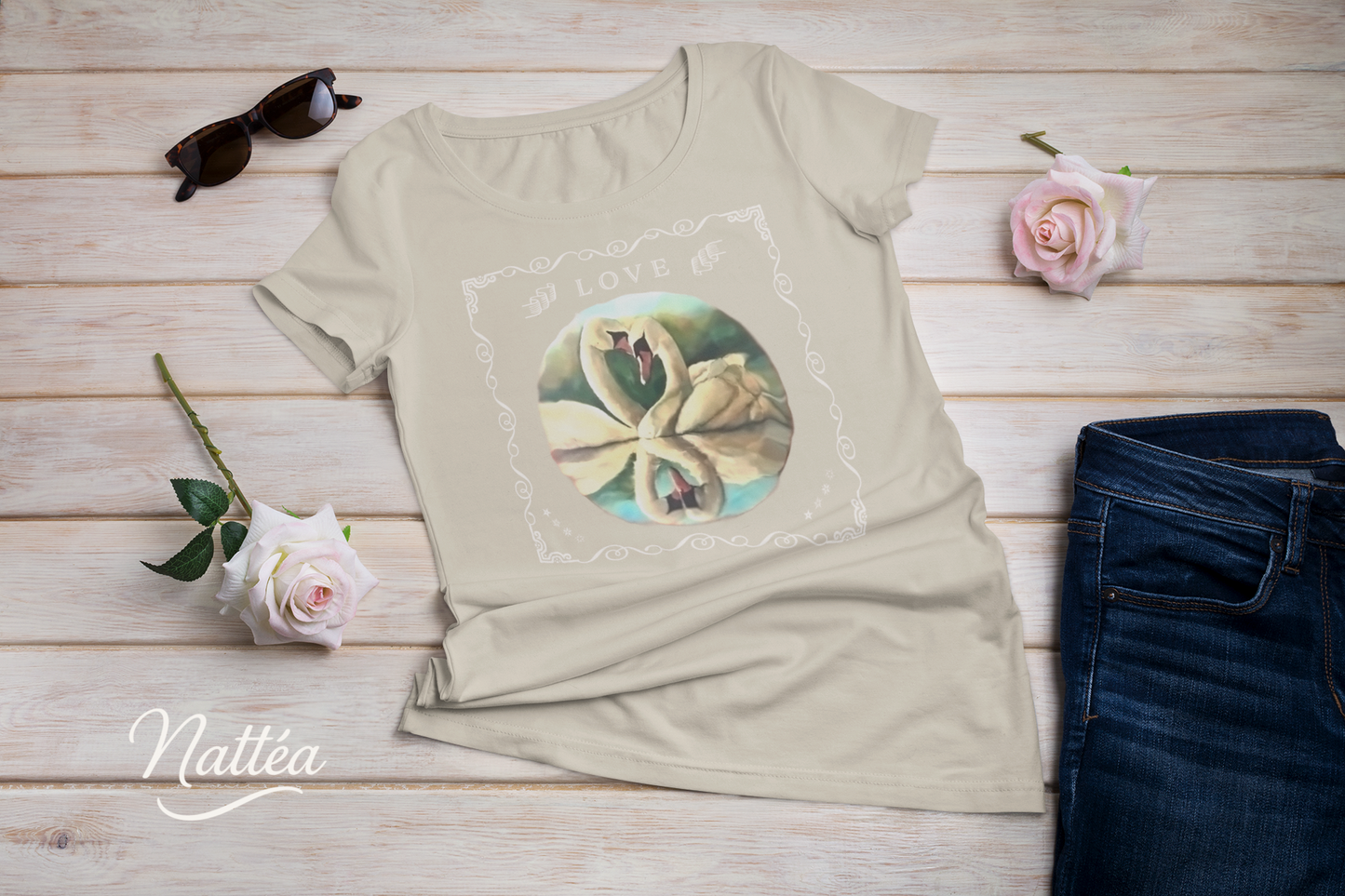 Swan Couple LOVE T-Shirt – Retro Vintage Style from Original Painting