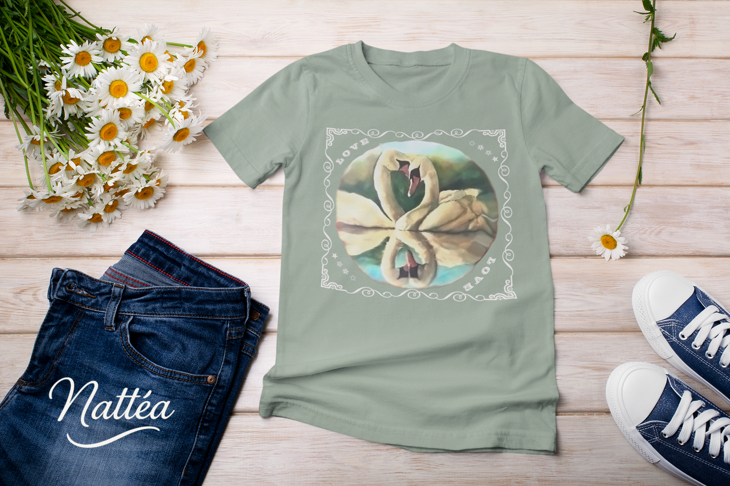 Swan Couple LOVE T-Shirt – Romantic Vintage Style from Original Painting