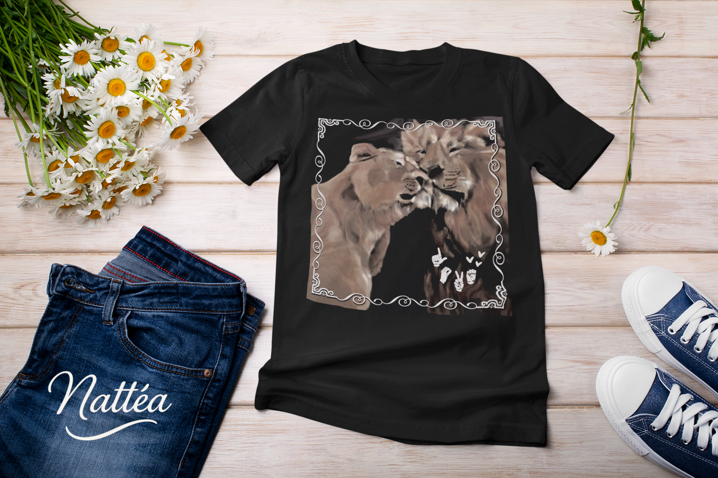 ASL Love Heart Style T-Shirt – Lion Pair Design from Original Art