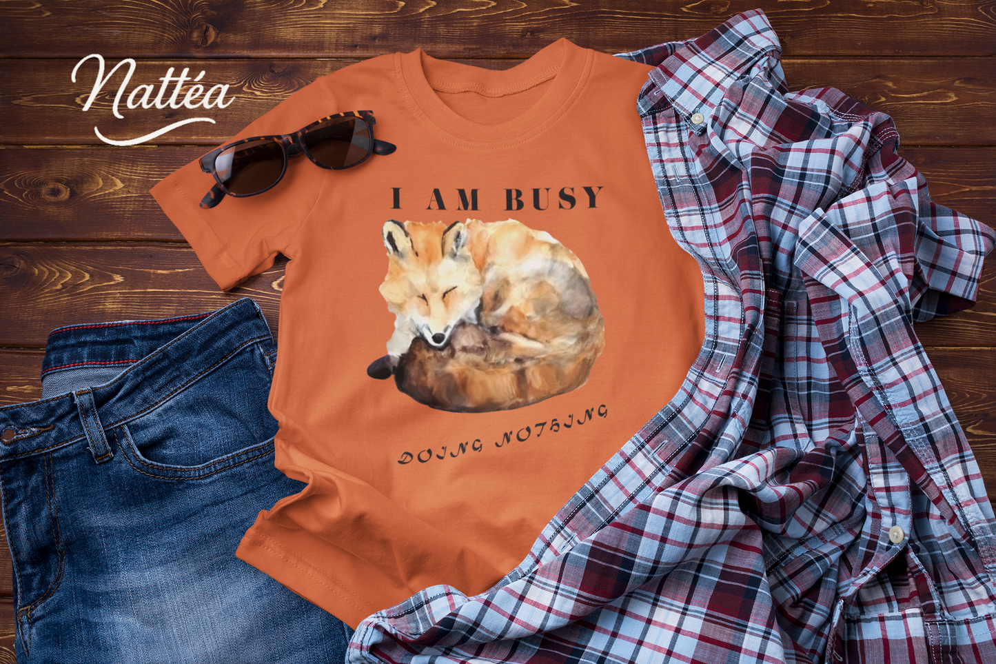 Watercolor Fox T-Shirt – “I Am Busy Doing Nothing” Funny Quote Design