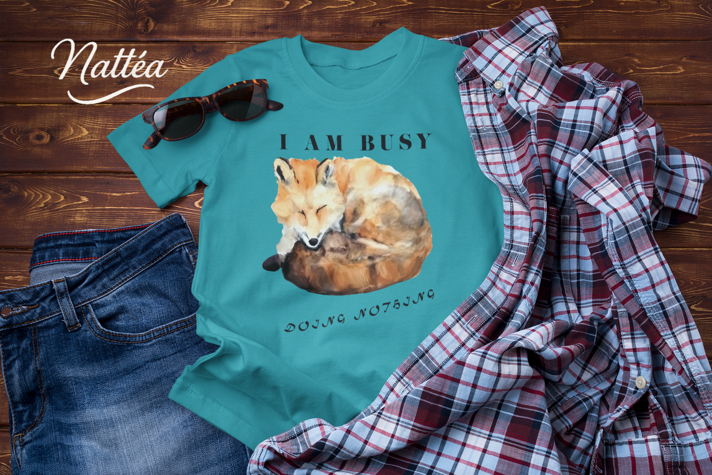 Watercolor Fox T-Shirt – “I Am Busy Doing Nothing” Funny Quote Design