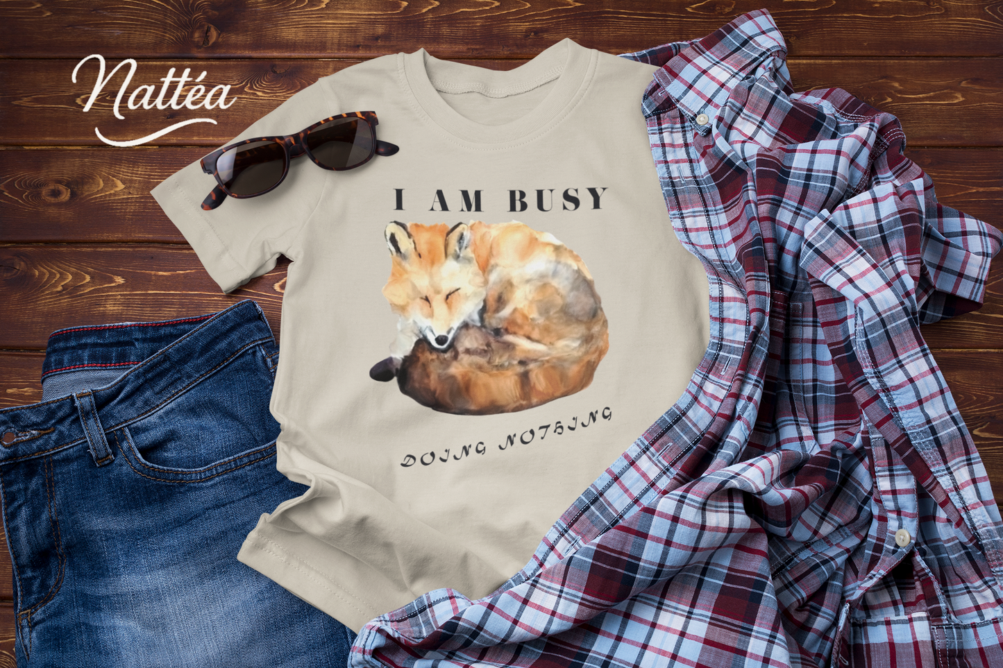 Watercolor Fox T-Shirt – “I Am Busy Doing Nothing” Funny Quote Design