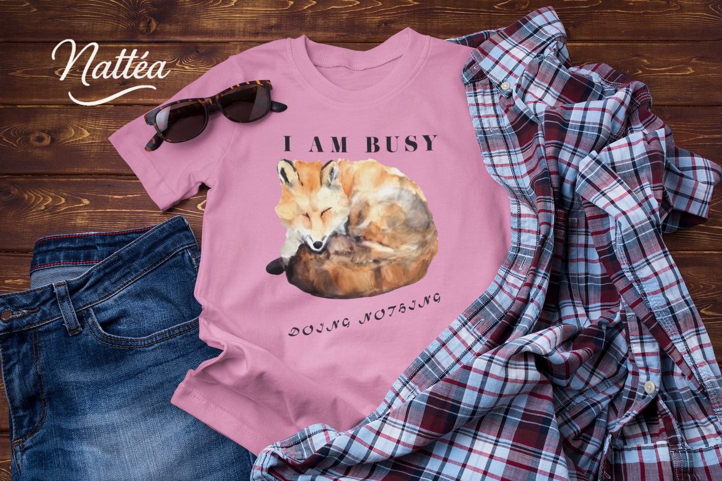Watercolor Fox T-Shirt – “I Am Busy Doing Nothing” Funny Quote Design