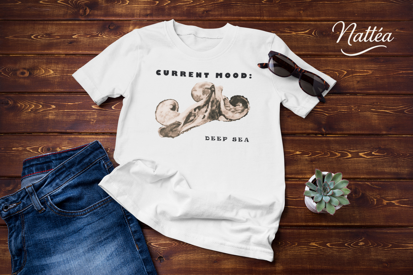 Funny Octopus T-Shirt – Vintage Ocean Art “Current Mood Deep Sea” Design