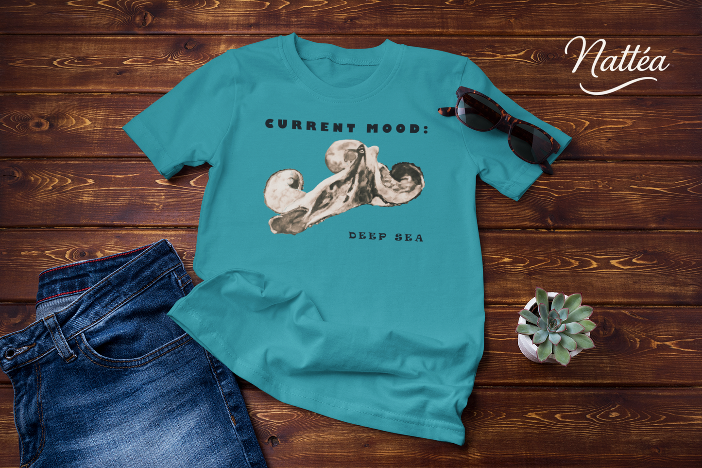 Funny Octopus T-Shirt – Vintage Ocean Art “Current Mood Deep Sea” Design