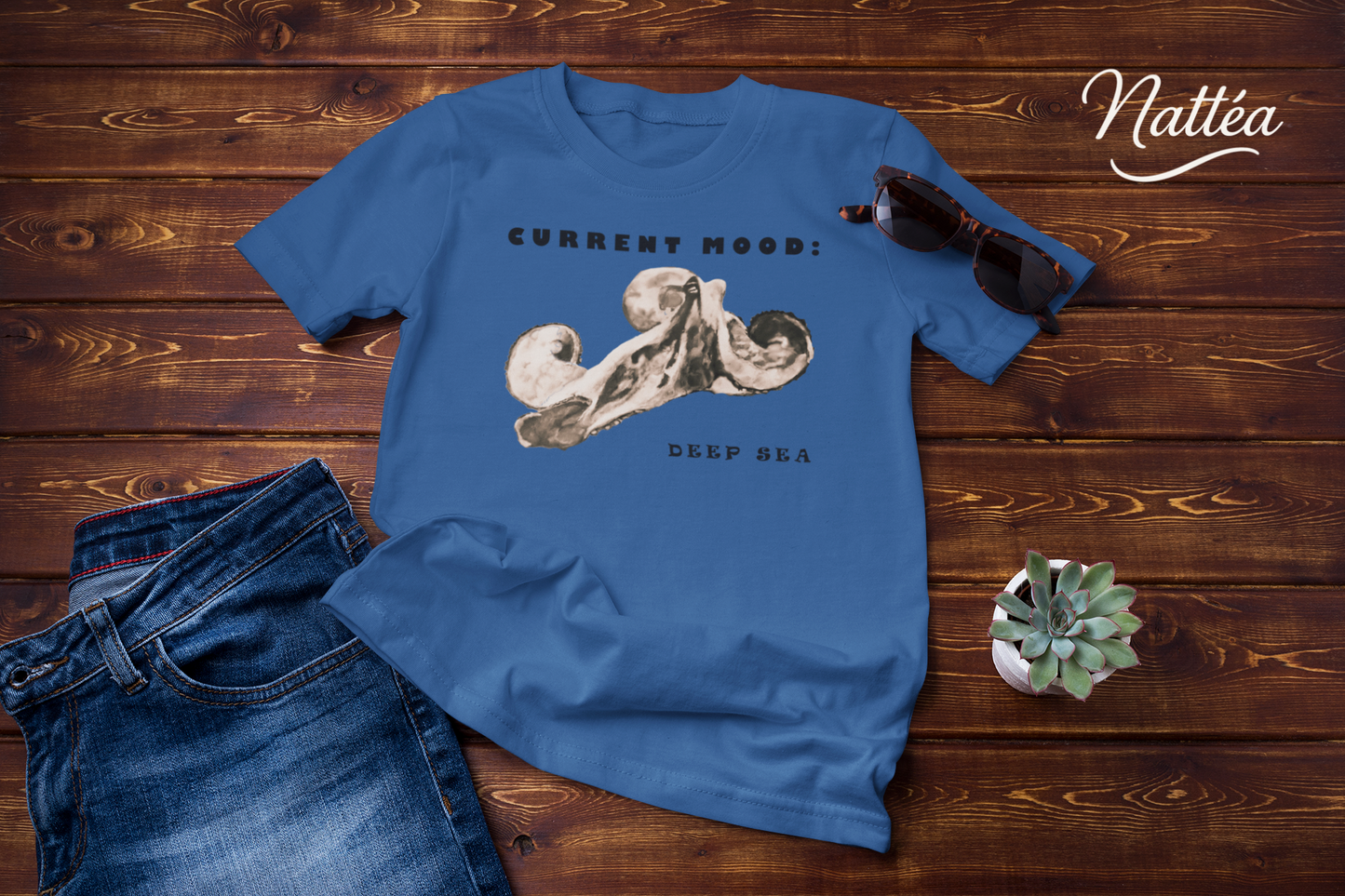 Funny Octopus T-Shirt – Vintage Ocean Art “Current Mood Deep Sea” Design