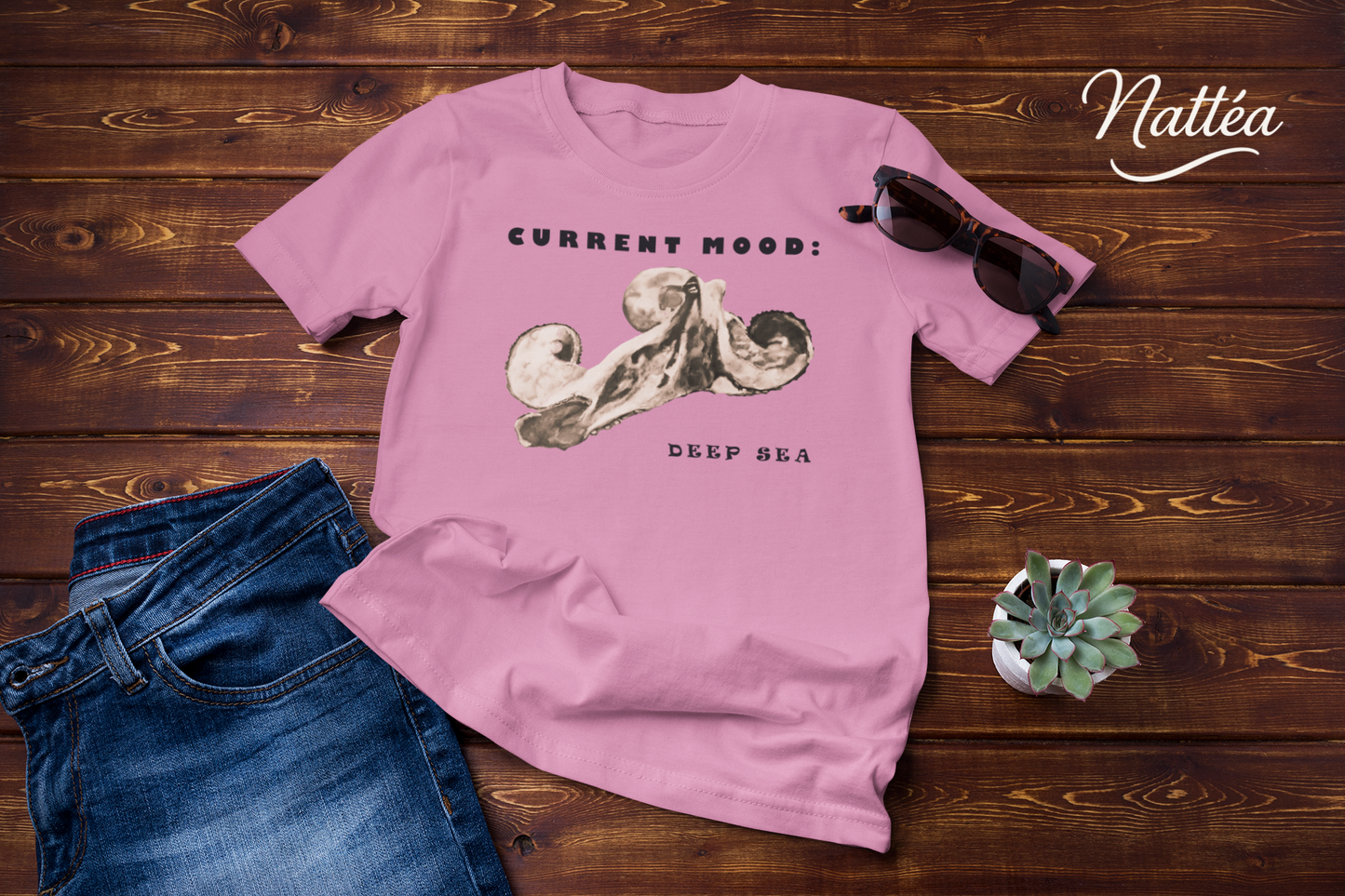 Funny Octopus T-Shirt – Vintage Ocean Art “Current Mood Deep Sea” Design