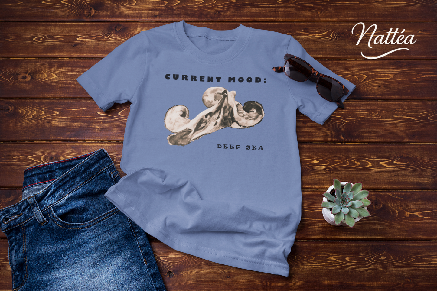 Funny Octopus T-Shirt – Vintage Ocean Art “Current Mood Deep Sea” Design