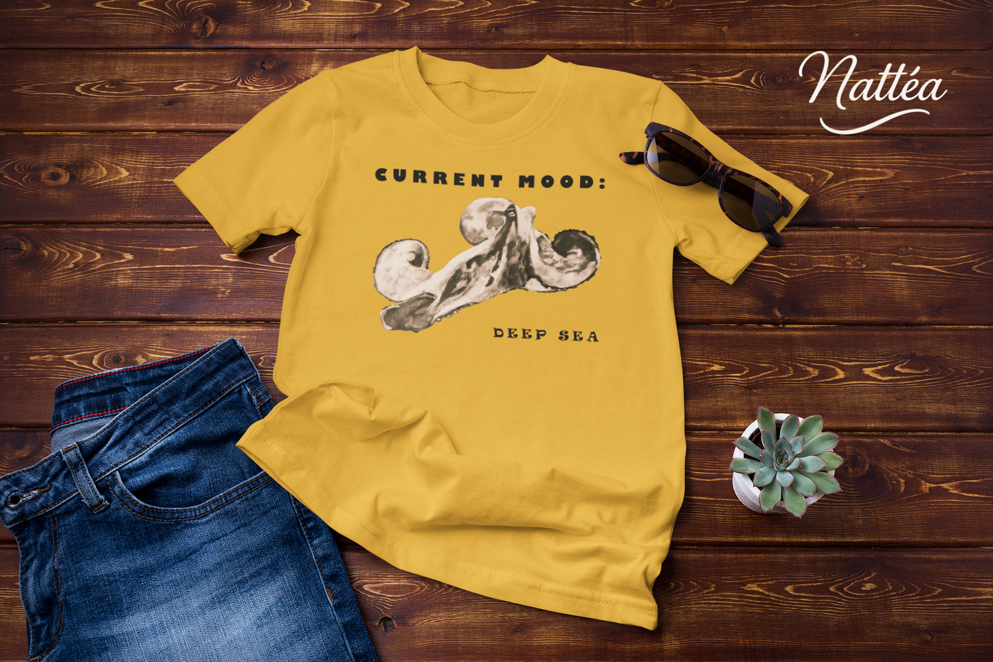 Funny Octopus T-Shirt – Vintage Ocean Art “Current Mood Deep Sea” Design