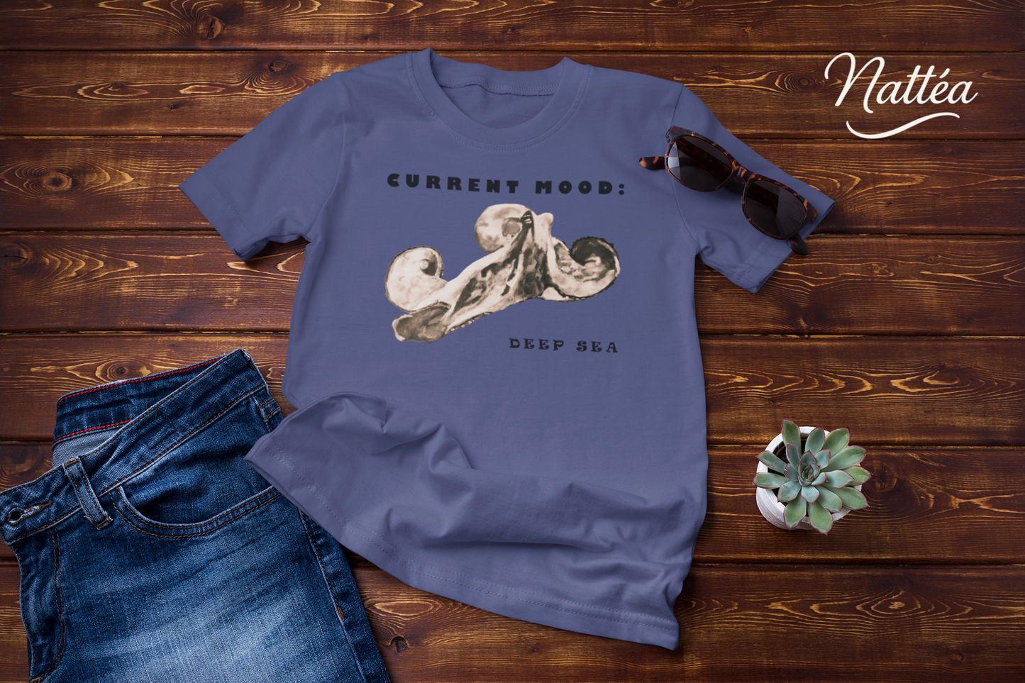 Funny Octopus T-Shirt – Vintage Ocean Art “Current Mood Deep Sea” Design