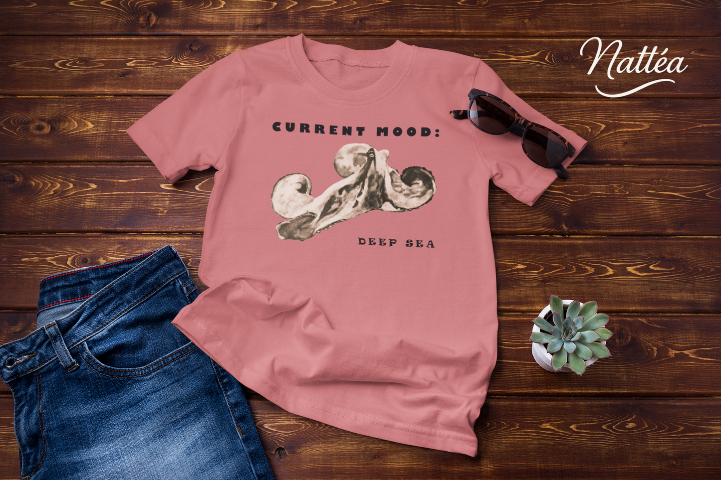 Funny Octopus T-Shirt – Vintage Ocean Art “Current Mood Deep Sea” Design