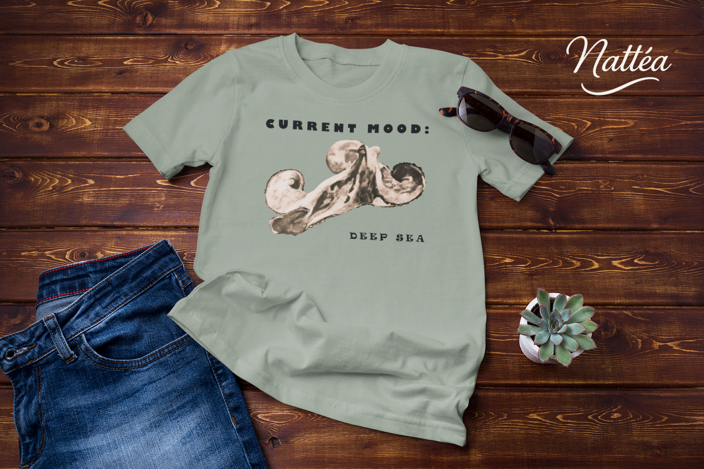 Funny Octopus T-Shirt – Vintage Ocean Art “Current Mood Deep Sea” Design