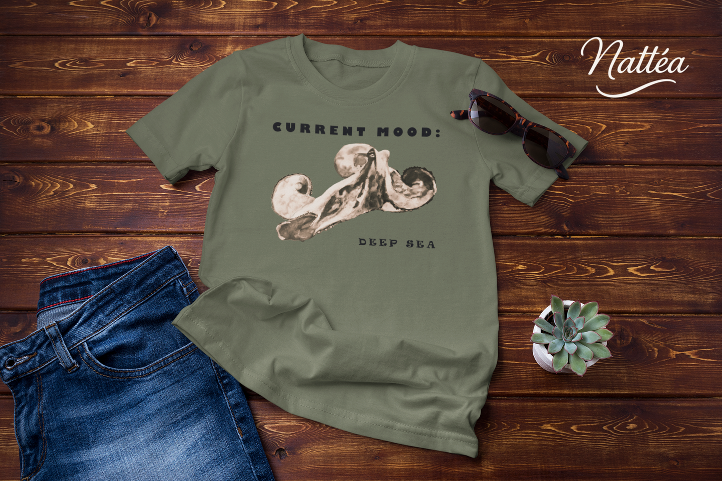 Funny Octopus T-Shirt – Vintage Ocean Art “Current Mood Deep Sea” Design