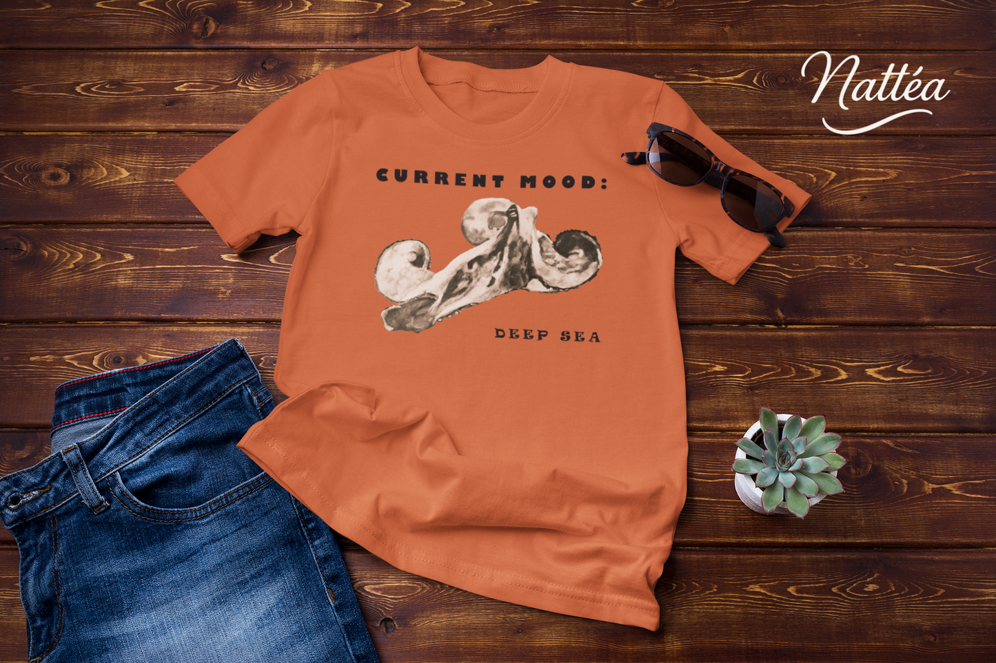 Funny Octopus T-Shirt – Vintage Ocean Art “Current Mood Deep Sea” Design
