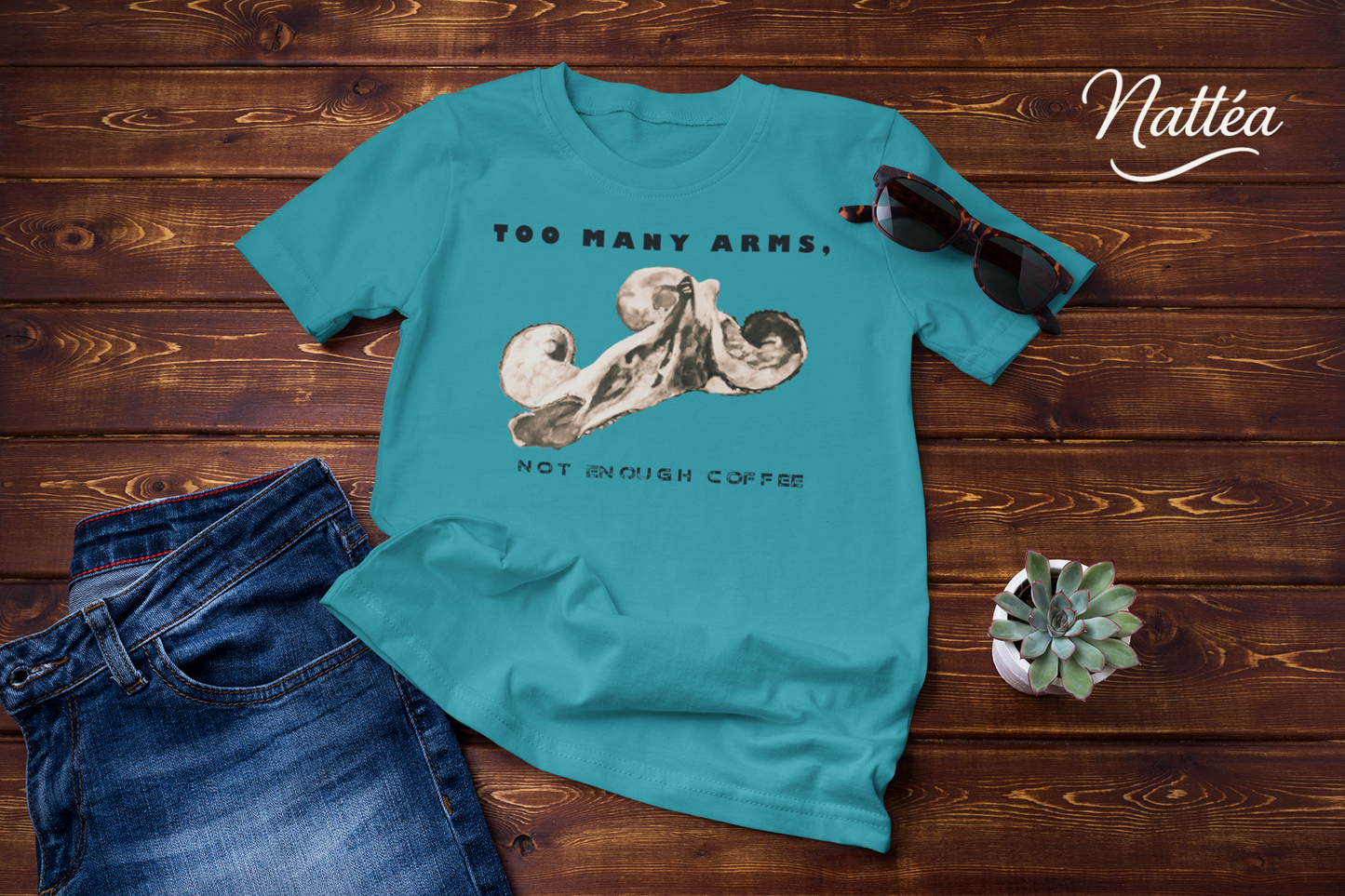 Funny Octopus T-Shirt – Vintage Ocean Art “Too Many Arms, Not Enough Coffee”