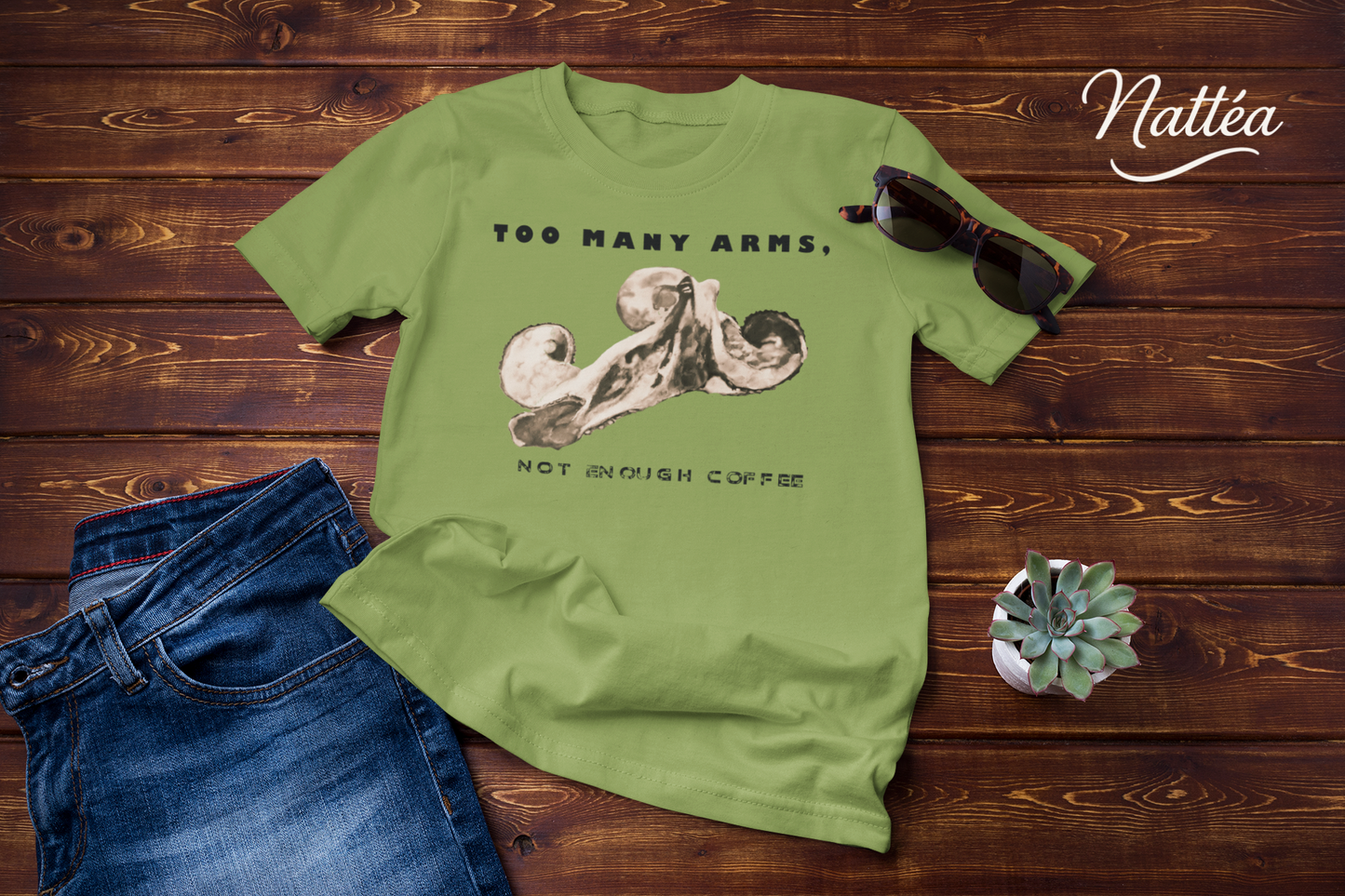 Funny Octopus T-Shirt – Vintage Ocean Art “Too Many Arms, Not Enough Coffee”