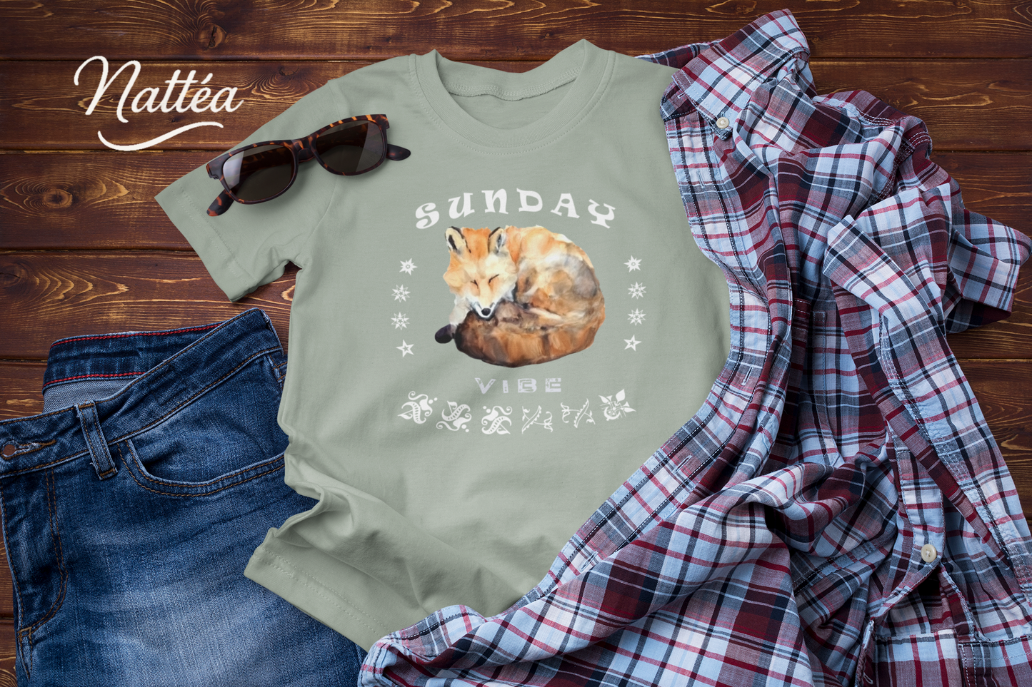 Sunday Vibe Fox T-Shirt – Watercolor Animal Art for Relaxed Style
