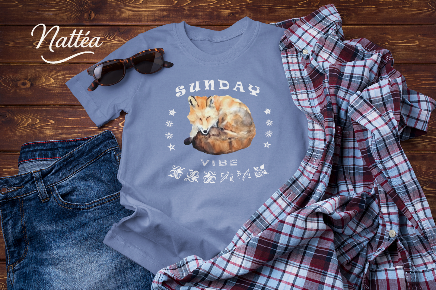 Sunday Vibe Fox T-Shirt – Watercolor Animal Art for Relaxed Style