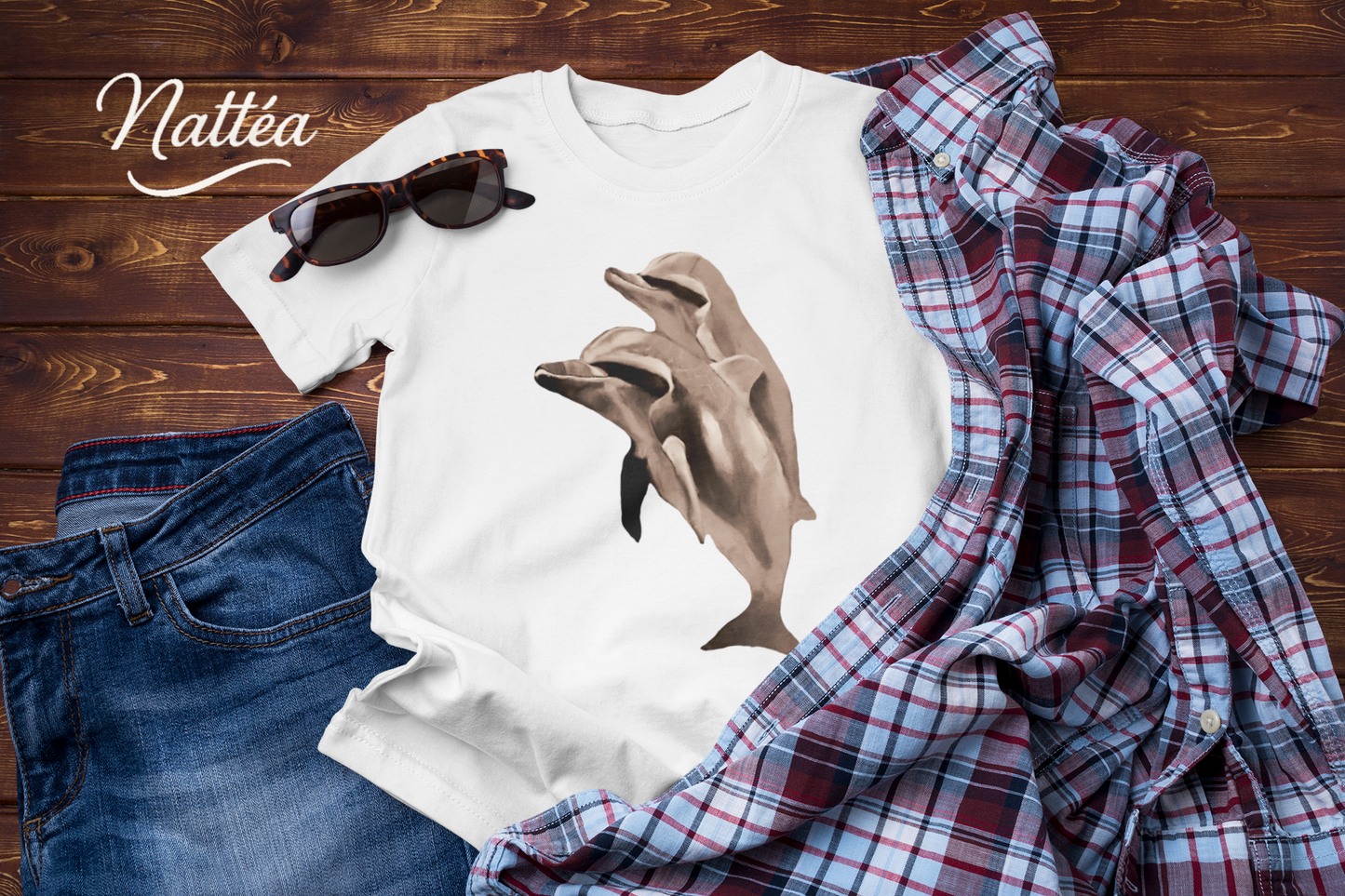 Vintage Style Dolphin Art T-Shirt – Ocean Sea Life Design from Original Painting