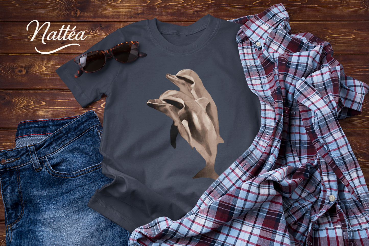 Vintage Style Dolphin Art T-Shirt – Ocean Sea Life Design from Original Painting