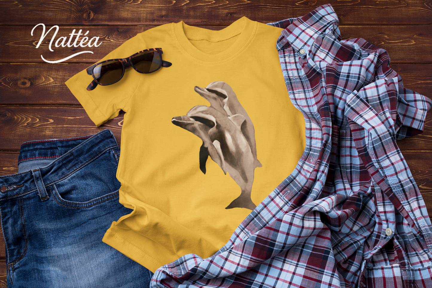 Vintage Style Dolphin Art T-Shirt – Ocean Sea Life Design from Original Painting