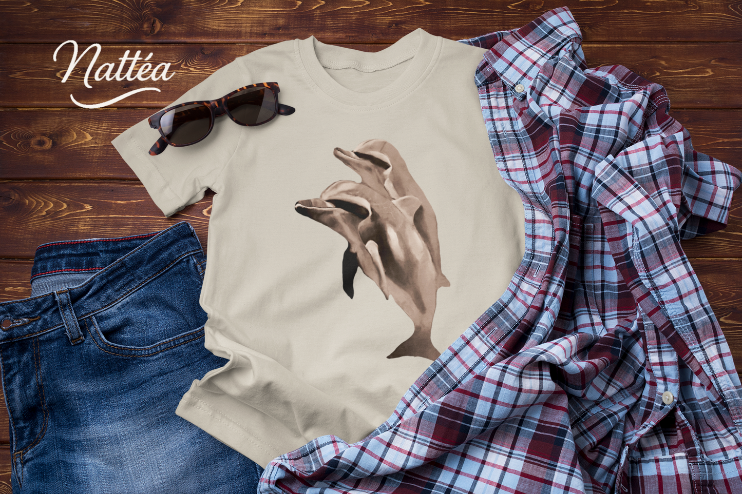 Vintage Style Dolphin Art T-Shirt – Ocean Sea Life Design from Original Painting