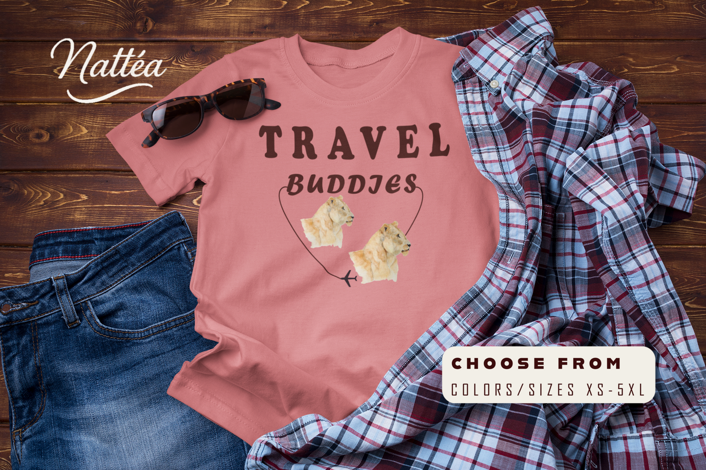 Lioness Travel Buddies T-Shirt – Wildlife Adventure Vibe from Original Watercolor Painting