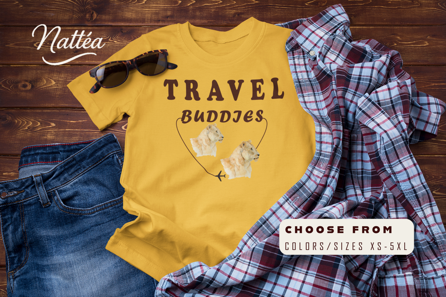 Lioness Travel Buddies T-Shirt – Wildlife Adventure Vibe from Original Watercolor Painting