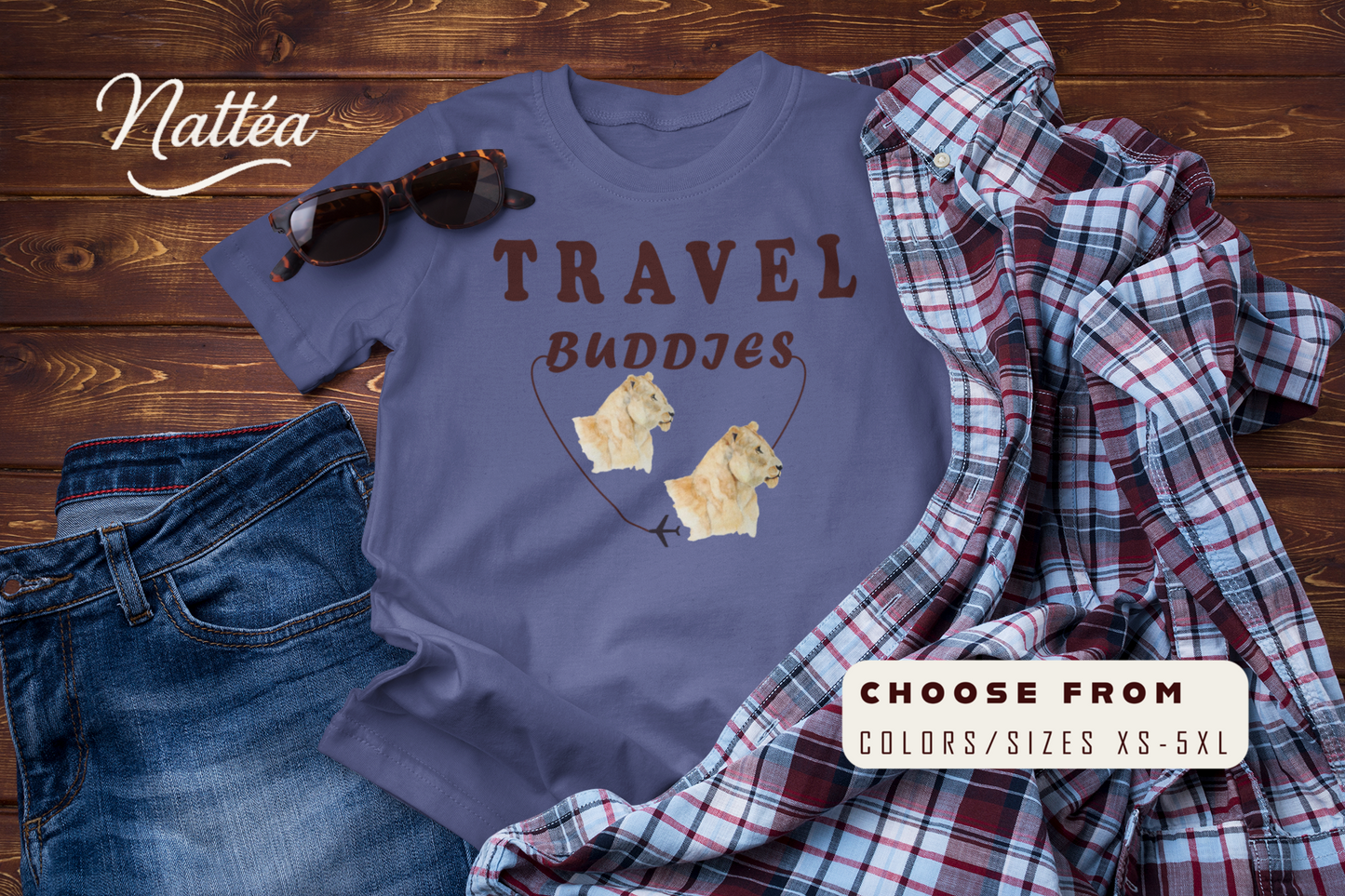 Lioness Travel Buddies T-Shirt – Wildlife Adventure Vibe from Original Watercolor Painting
