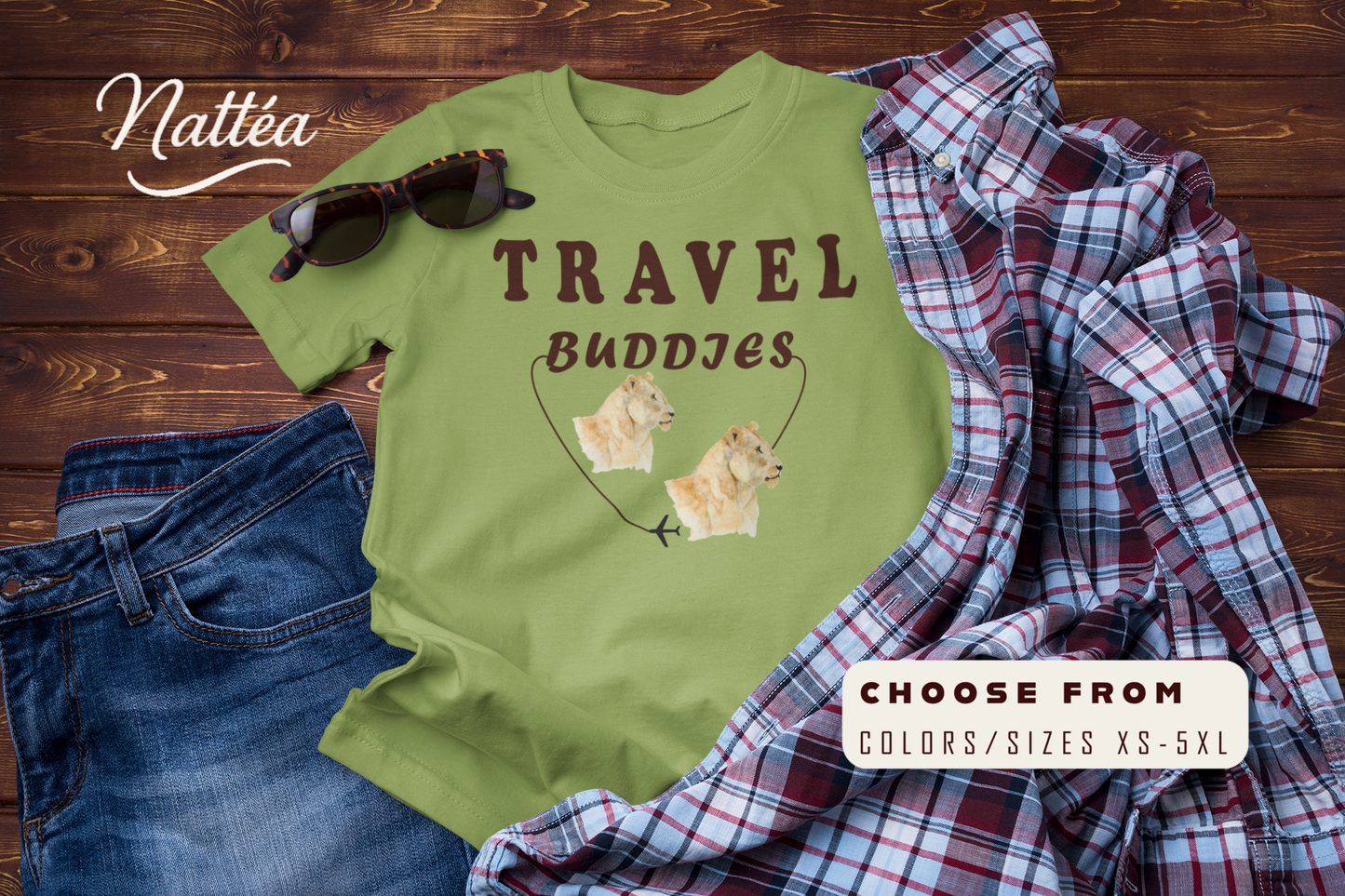 Lioness Travel Buddies T-Shirt – Wildlife Adventure Vibe from Original Watercolor Painting