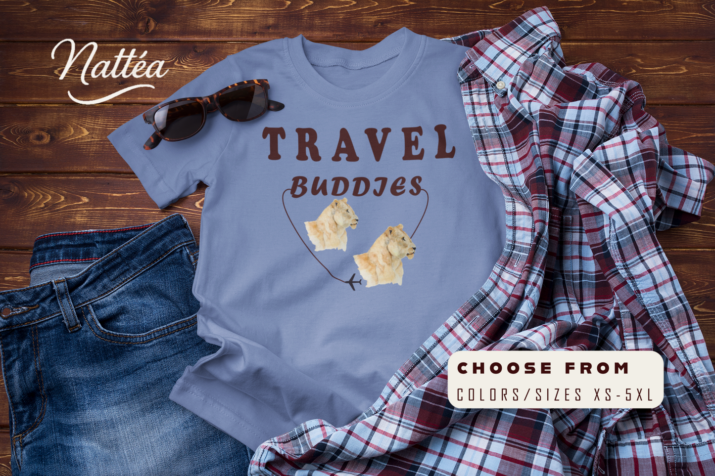 Lioness Travel Buddies T-Shirt – Wildlife Adventure Vibe from Original Watercolor Painting