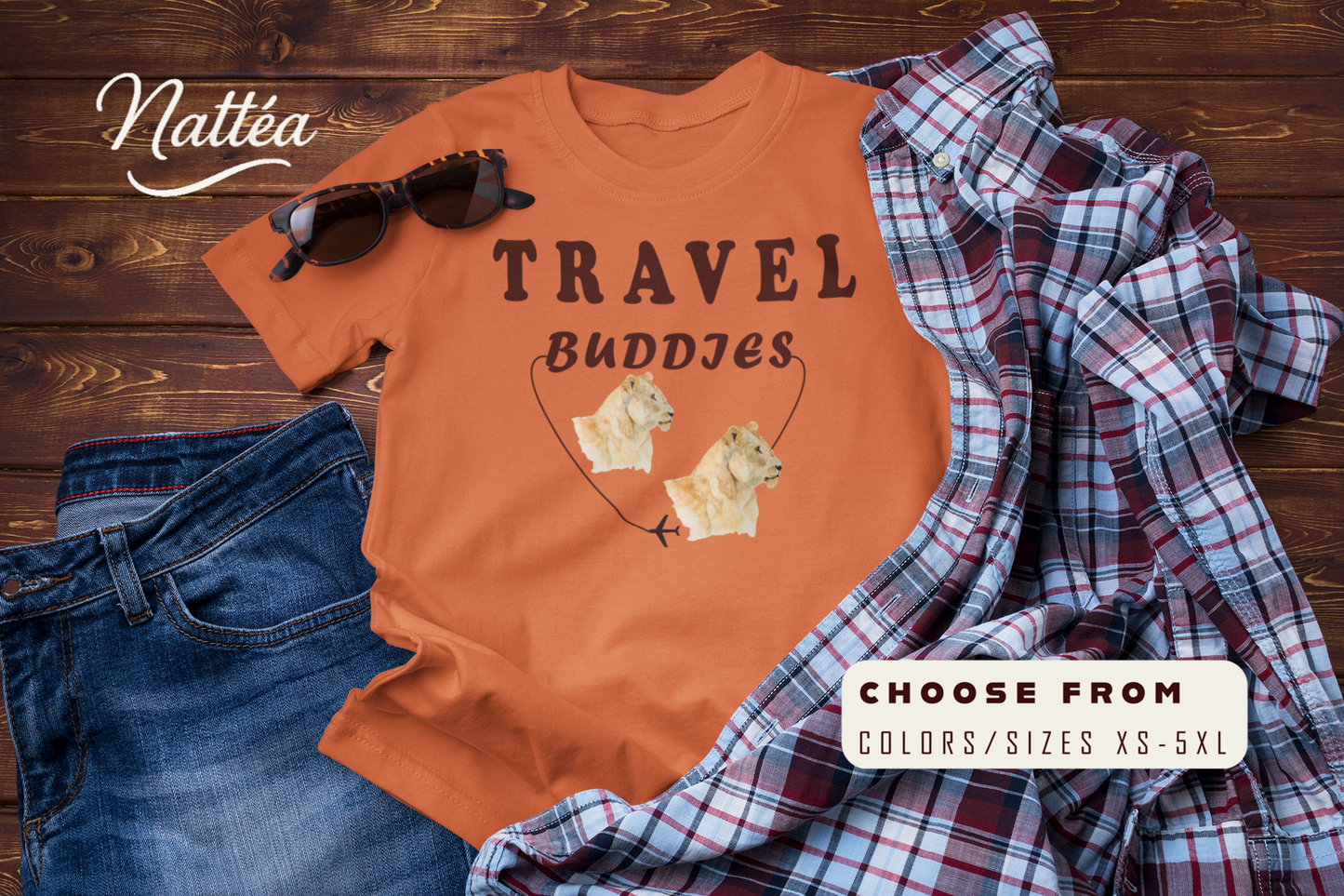 Lioness Travel Buddies T-Shirt – Wildlife Adventure Vibe from Original Watercolor Painting