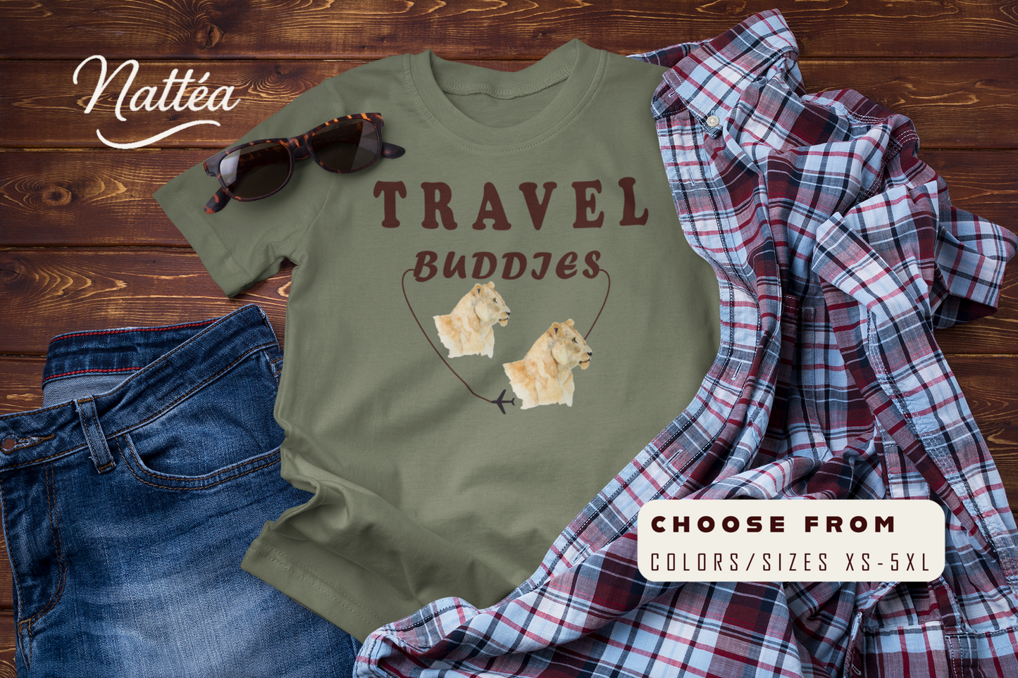 Lioness Travel Buddies T-Shirt – Wildlife Adventure Vibe from Original Watercolor Painting