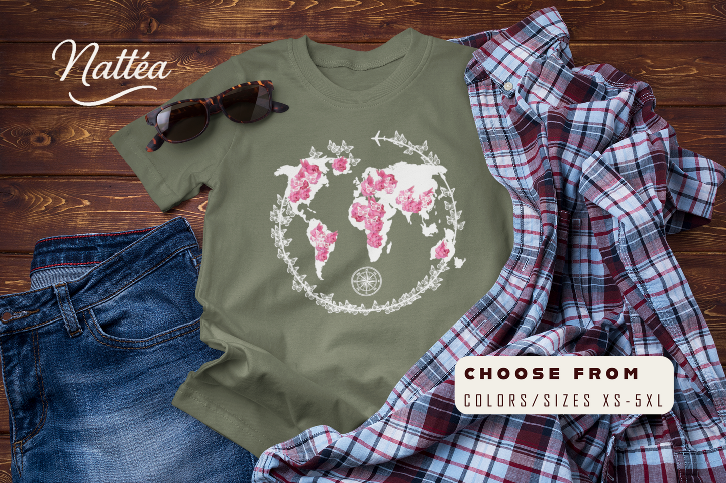 Floral World Map T-Shirt – Travel the World Compass Adventure Tee
