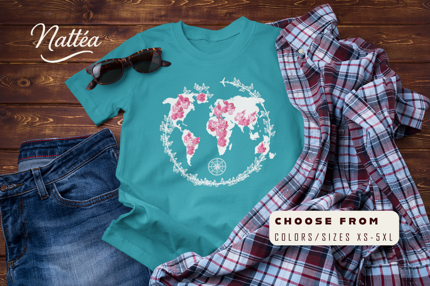 Floral World Map T-Shirt – Travel the World Compass Adventure Tee