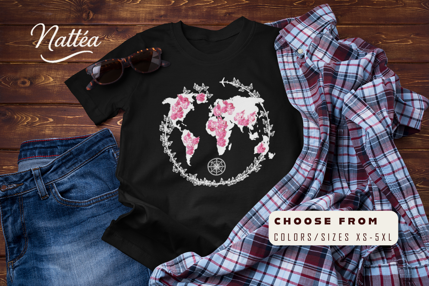Floral World Map T-Shirt – Travel the World Compass Adventure Tee