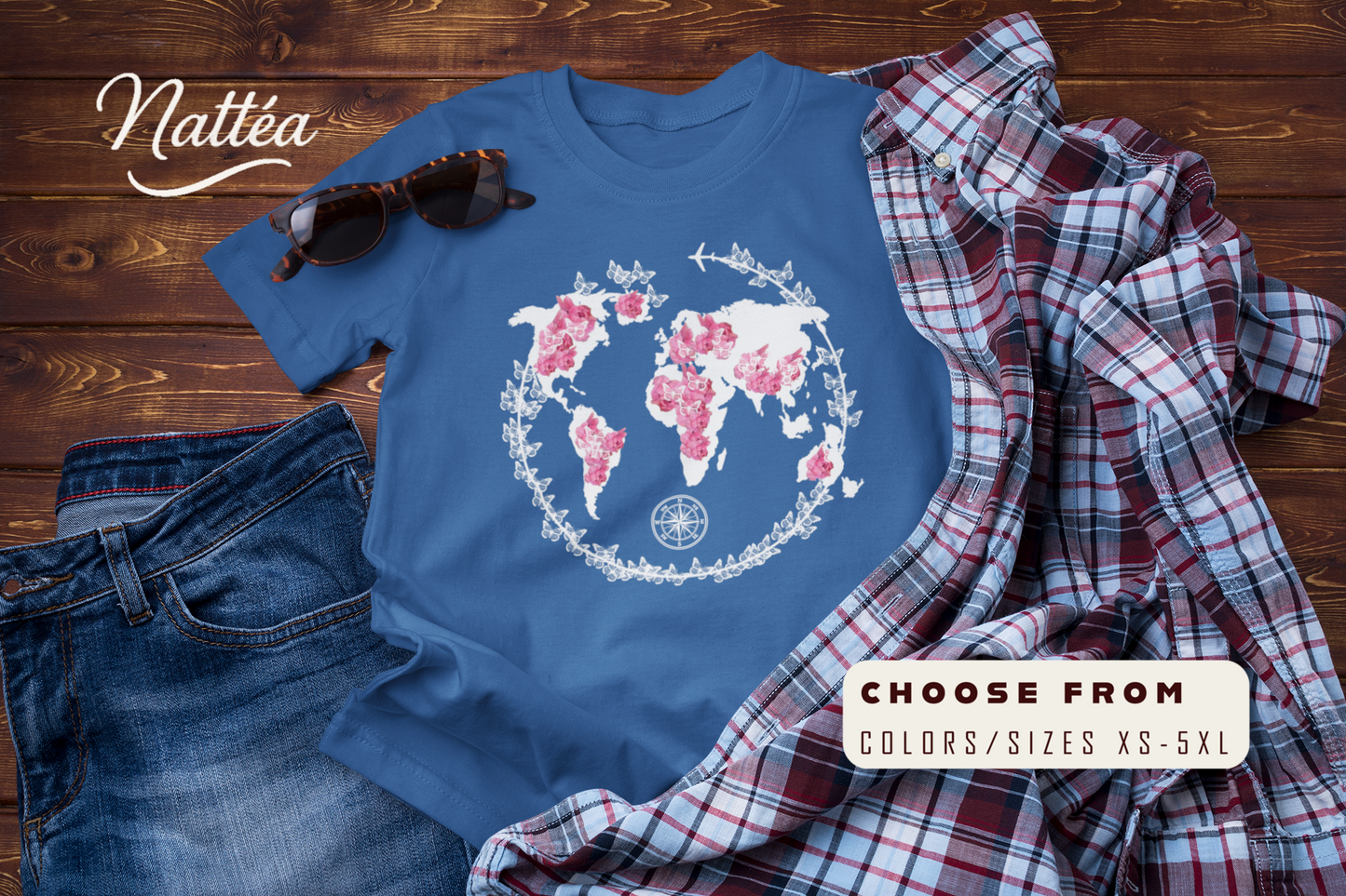 Floral World Map T-Shirt – Travel the World Compass Adventure Tee