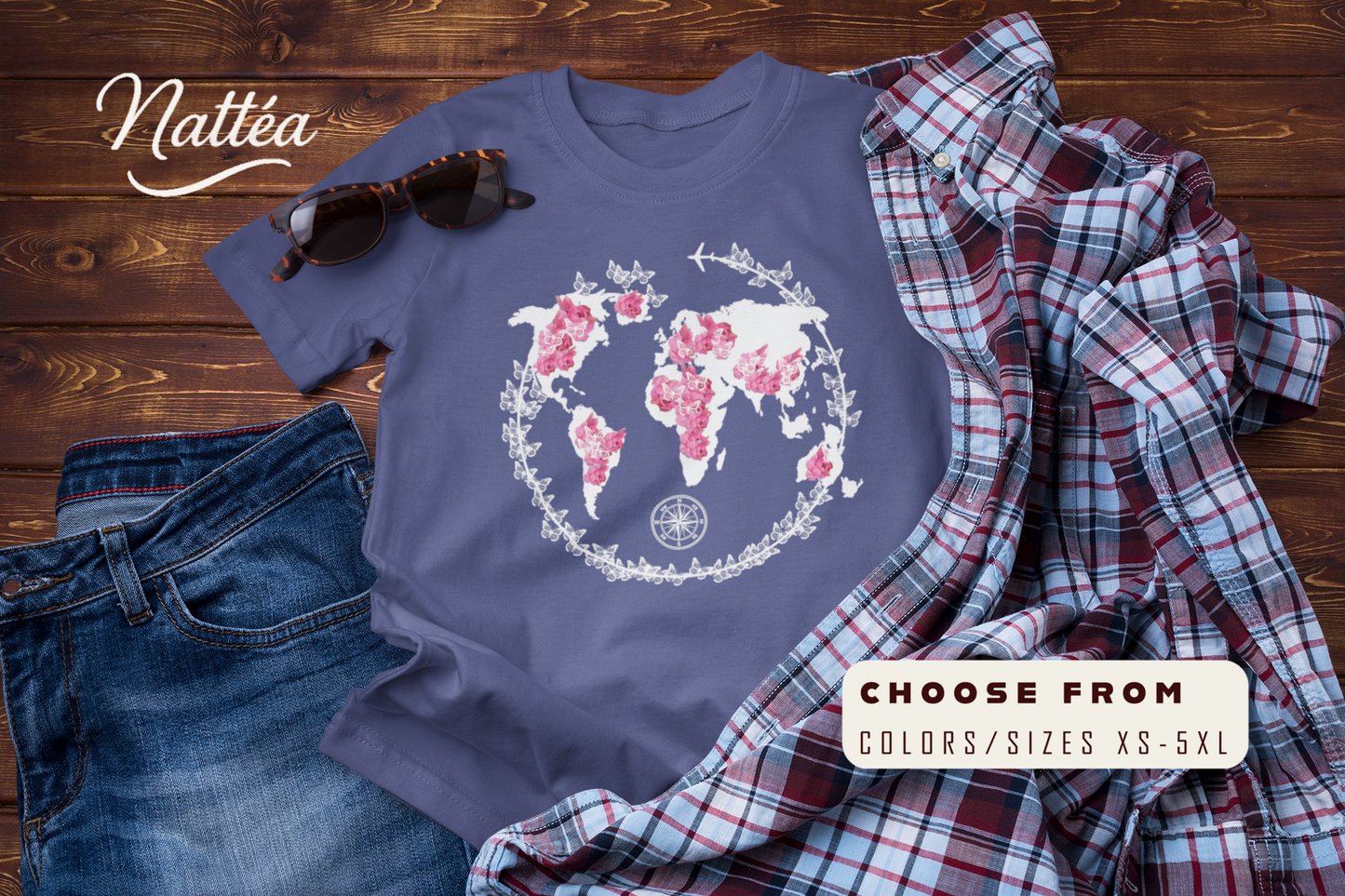 Floral World Map T-Shirt – Travel the World Compass Adventure Tee